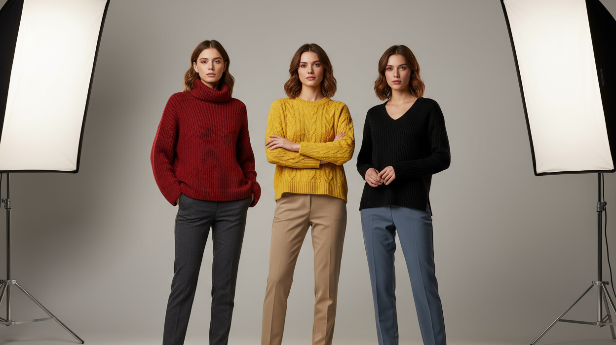 3 women models wearing knitwear sweaters (red, yellow, black), light grey background photo studio
