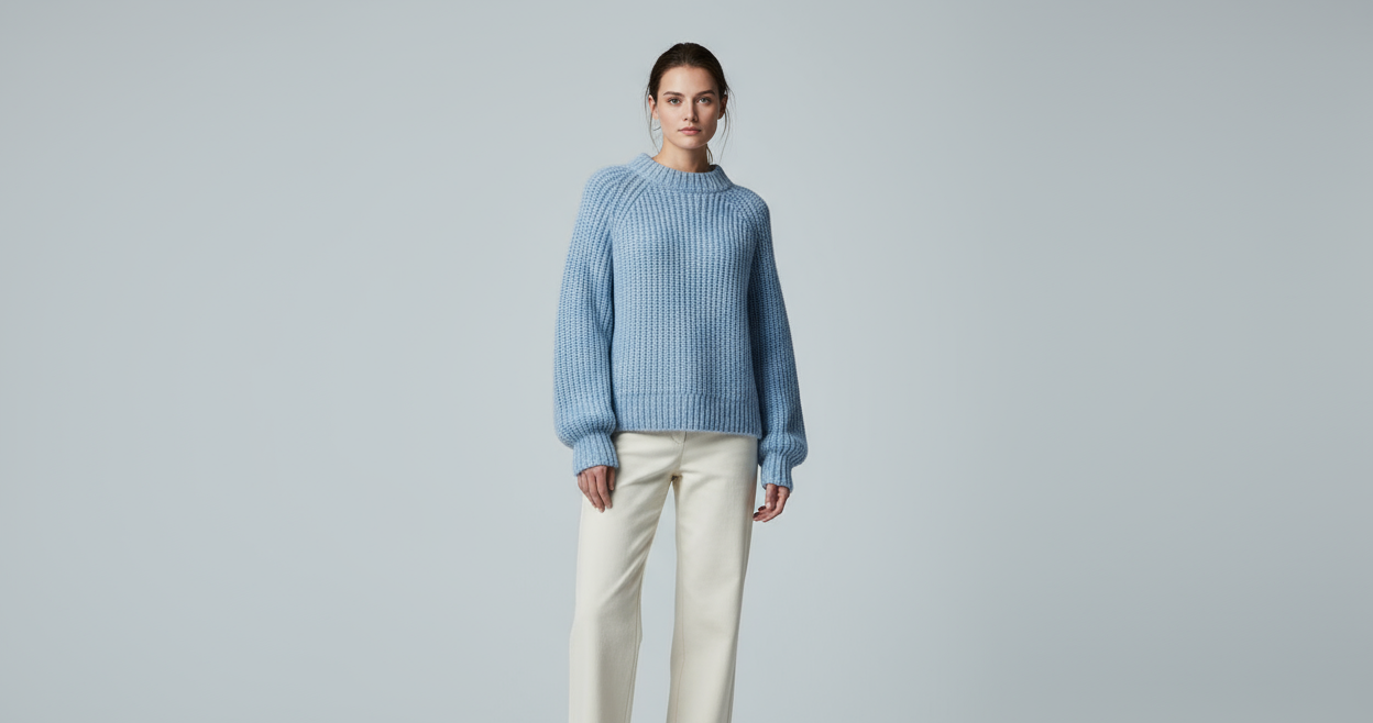 woman model wearing light blue knitwear sweater, background is light grey. photo needs to look like professionally taken
